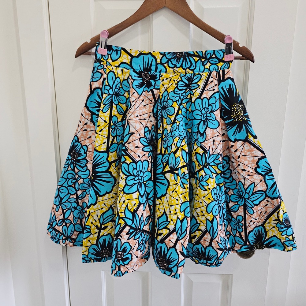 Francis + Benedict African Wax Print Floral Pleated Midi Skirt Blue Yellow S